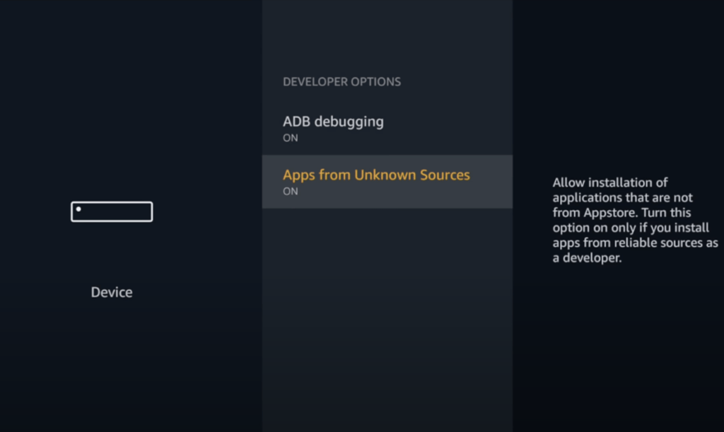 Developer options settings on Fire Stick